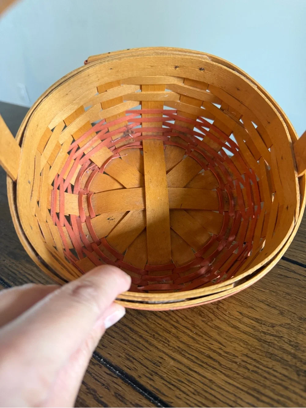 Longaberger Woven Basket With Red Trim And Bottom With Handle Marked Signed